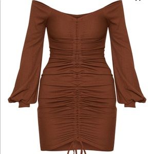 Chocolate Brown Ribbed Bardot Balloon Sleeve Dress